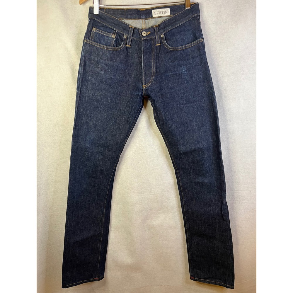 GUSTIN Raw Selvedge Denim Jeans Dark Indigo Slim Cut Button Fly USA 32 X 32